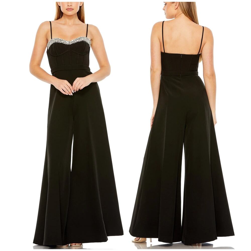 Mac Duggal NWT Slim Strap Beaded Bustier Top Jumpsuit Black Wide Leg Size 0